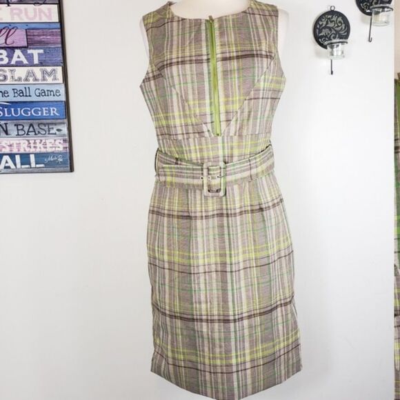 Amelia New york plaid sheath career belted Sleeveless knee length dress Size 8 - Picture 10 of 10